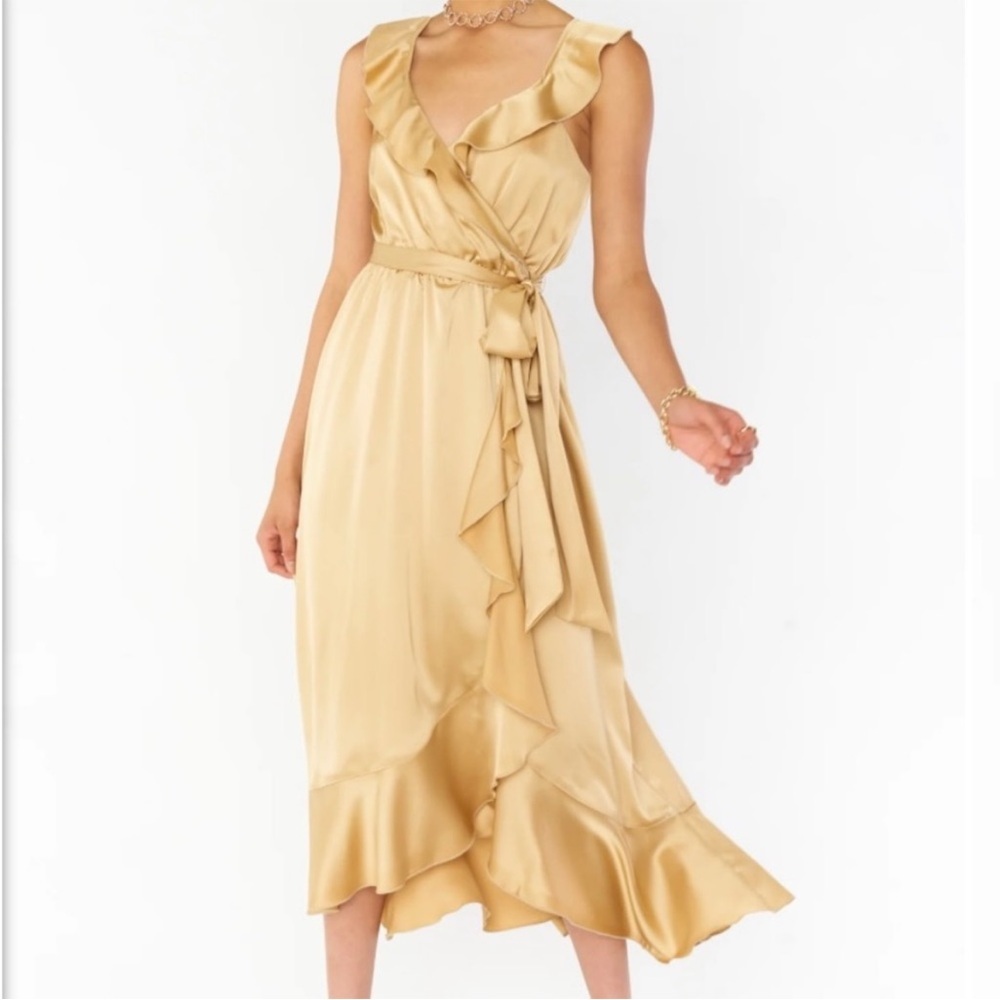 New Show Me Your MuMu Samantha Ruffle Wrap Dress in True‎ Gold Luxe Satin Size M
